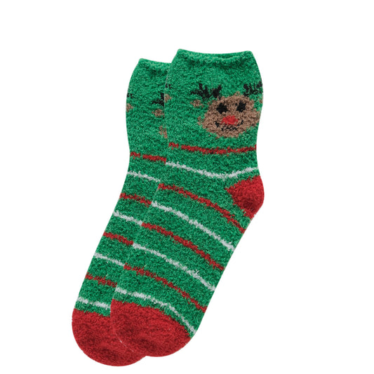 Christmas Fluffy Socks (Green Reindeer Stripes) - One Size Fits Most