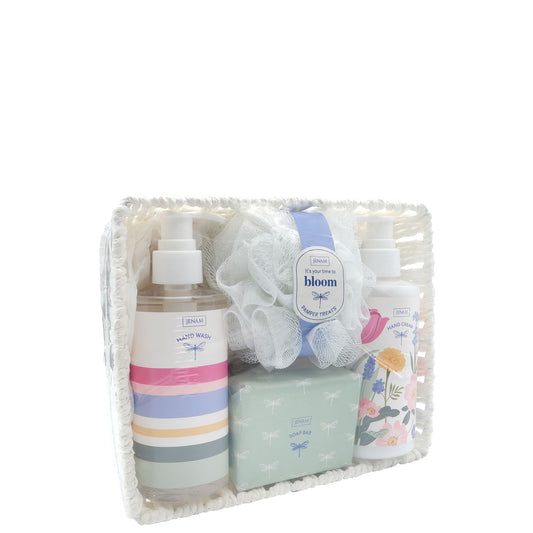 Time To Bloom Pamper Treats 125g Soap, 200ml Hand Wash, 200ml Hand Cream, 30g Mesh Sponge & Basket