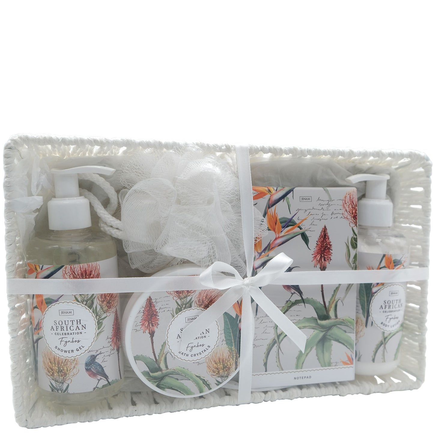 A South African Celebration Botanical Basket - 180g Bath Crystals, 250ml Body Lotion, 250ml Shower Gel, Notepad (8 x 14cm) & 20g Mesh Sponge