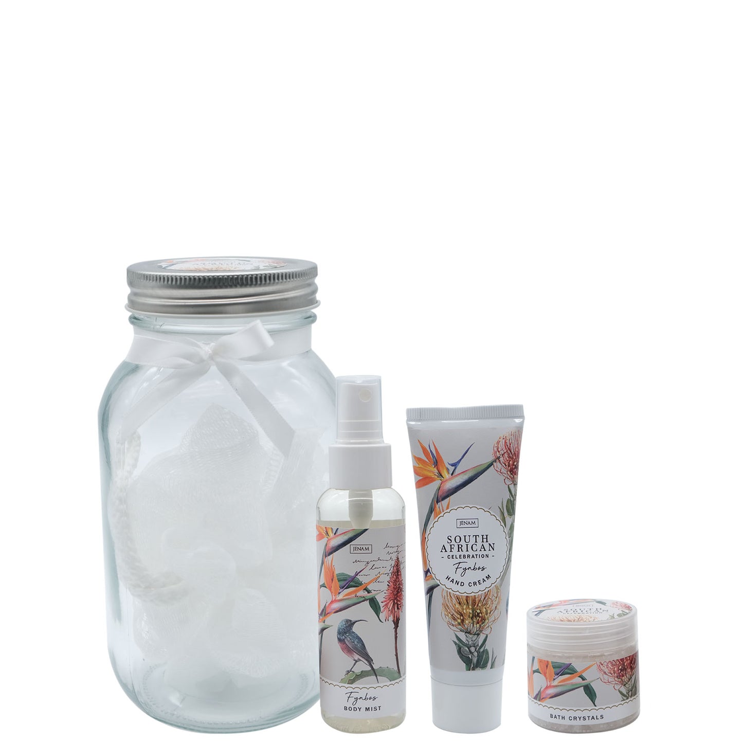 A South African Celebration Botany Treasures - 80g Bath Crystals, 100ml Body Mist, 60ml Hand Cream & 20g Mesh Sponge