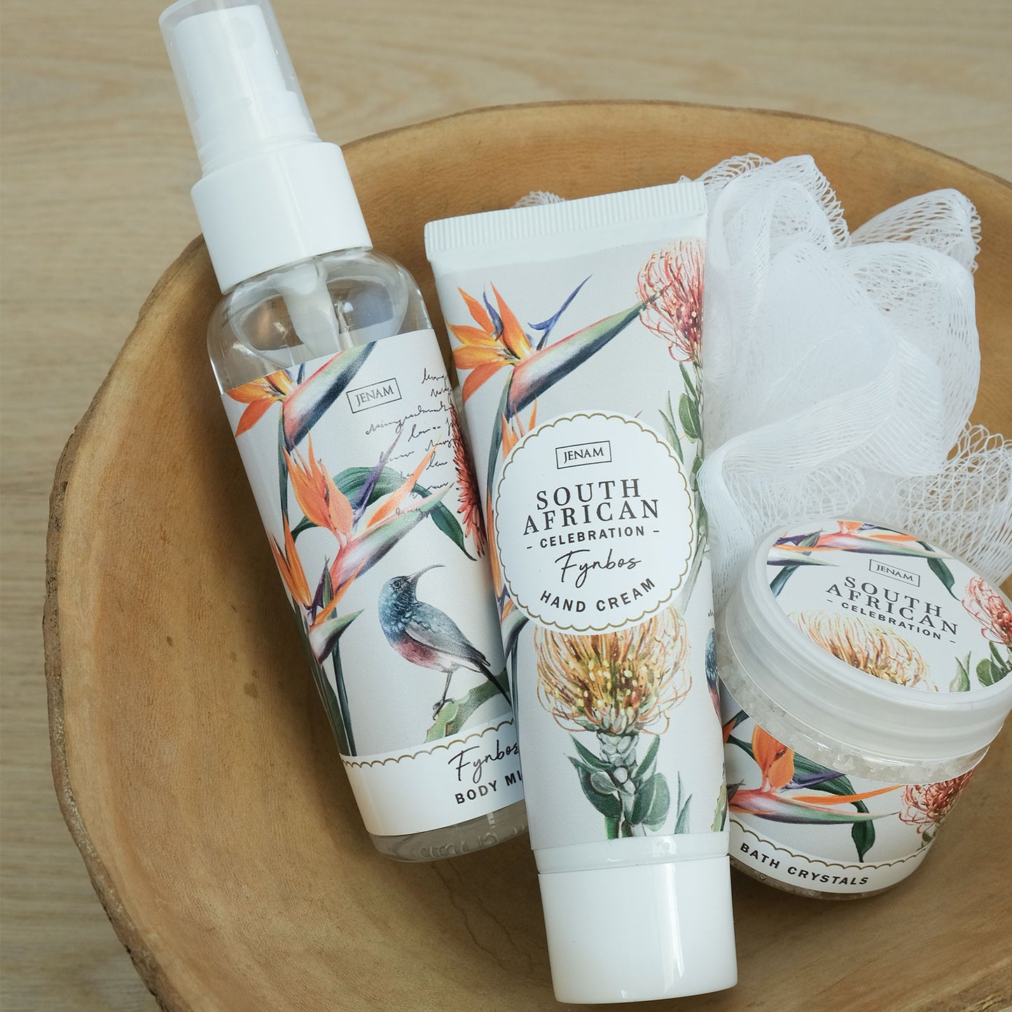 A South African Celebration Botany Treasures - 80g Bath Crystals, 100ml Body Mist, 60ml Hand Cream & 20g Mesh Sponge