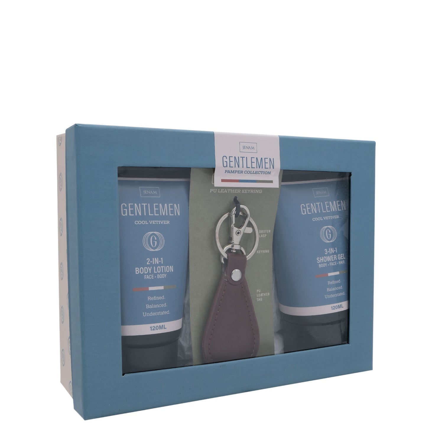 Gentlemen Pamper Collection (Cool Vetiver) - 120ml 2-In-1 Body Lotion, 120ml 3-In-1 Shower Gel & PU Leather Keyring (9cm)