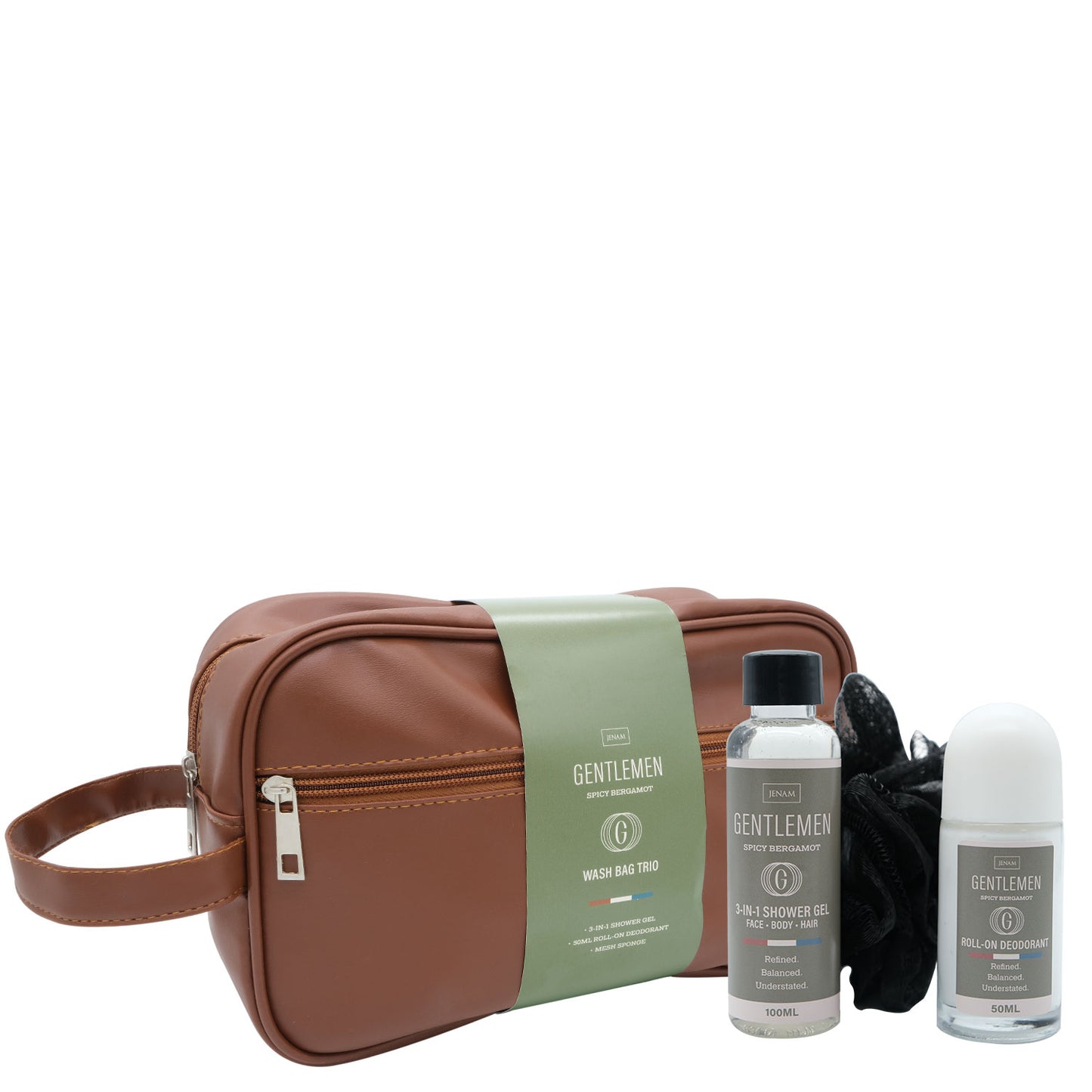 Gentlemen Wash Bag Trio (Spicy Bergamot) - 50ml Roll-On Deodorant, 100ml 3-In-1 Shower Gel & 30g Mesh Sponge