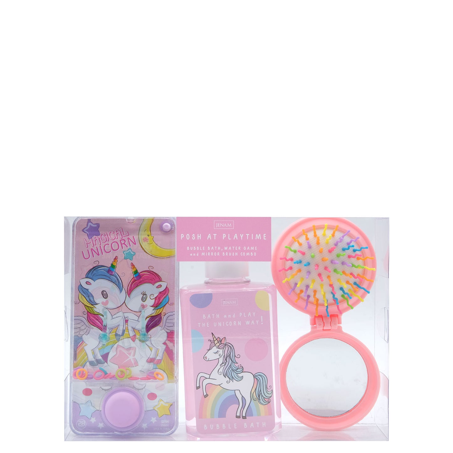 Unicorn Posh At Playtime - 150ml Bubble Bath, Water Game (6 x 13cm) & Fold Up Mirror Brush Combo (13cm)