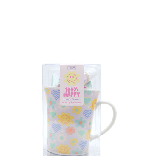 100% Happy A Cup Of Cheer - 90g Soap, 10ml Pulse Roller & Mug (10cm)