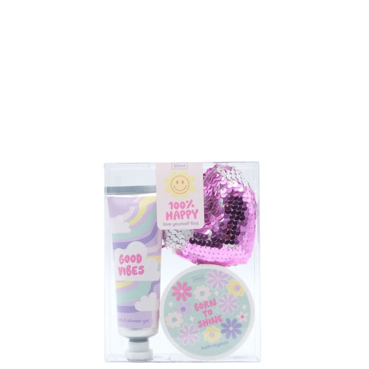 100% Happy Love Yourself First - 60ml Bath & Shower Gel, 80g Bath Crystals & Heart Sequins Keyring (7 x 7cm)