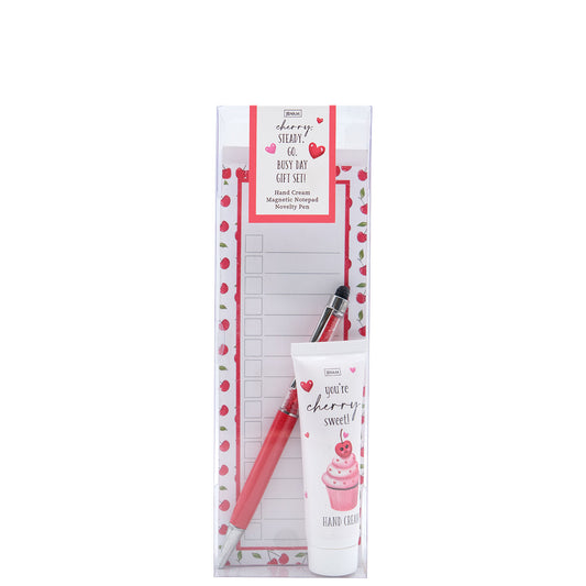 Cherry Love Busy Day Gift Set (Cherry. Steady. Go.) - 30ml Hand Cream, Pen & Magnetic Notepad (7 x 20cm)