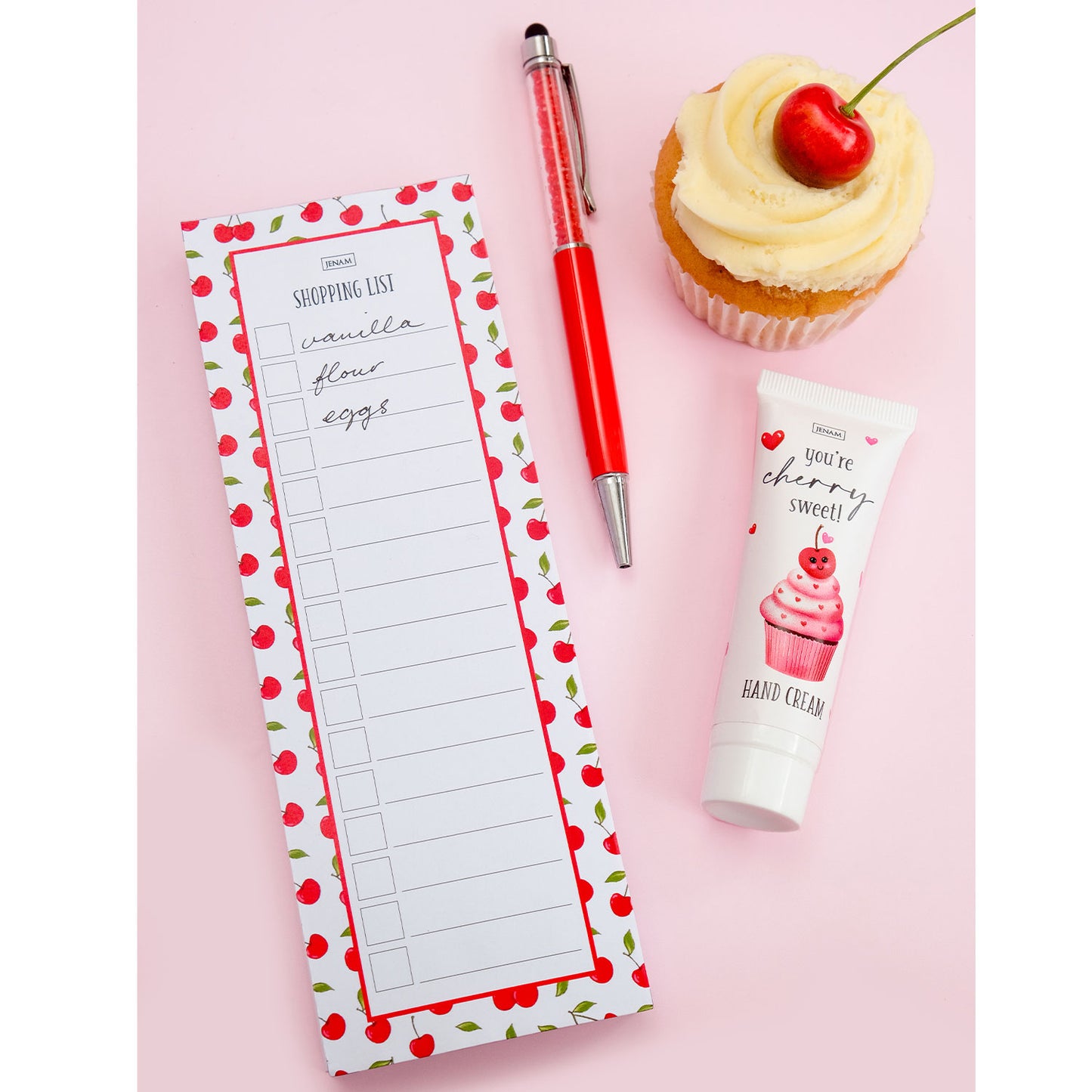 Cherry Love Busy Day Gift Set (Cherry. Steady. Go.) - 30ml Hand Cream, Pen & Magnetic Notepad (7 x 20cm)